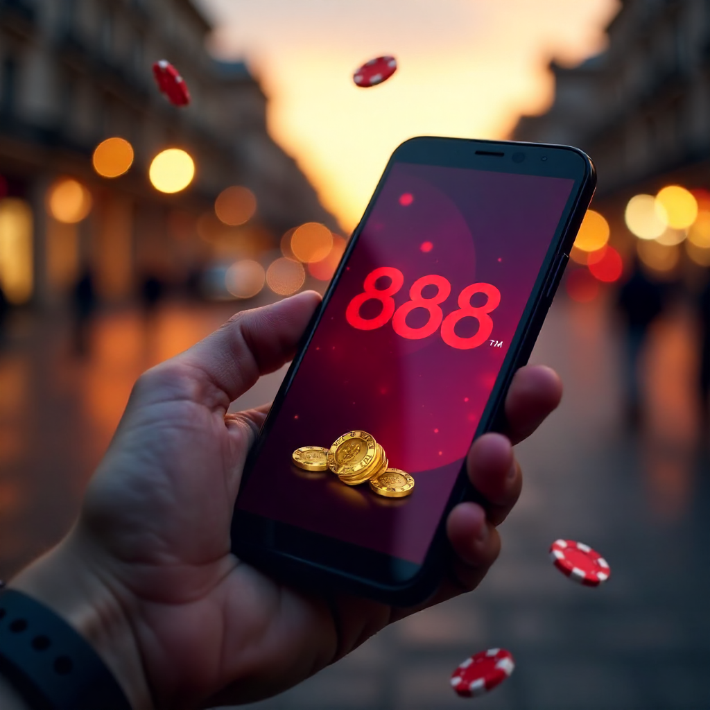 A premium smartphone in a hand with the 888starz app interface, background featuring a blurred Gran Vía in Madrid at sunset, 3D flying gold coins and red poker chips, brand colors red and black, hyper-realistic, 8k.